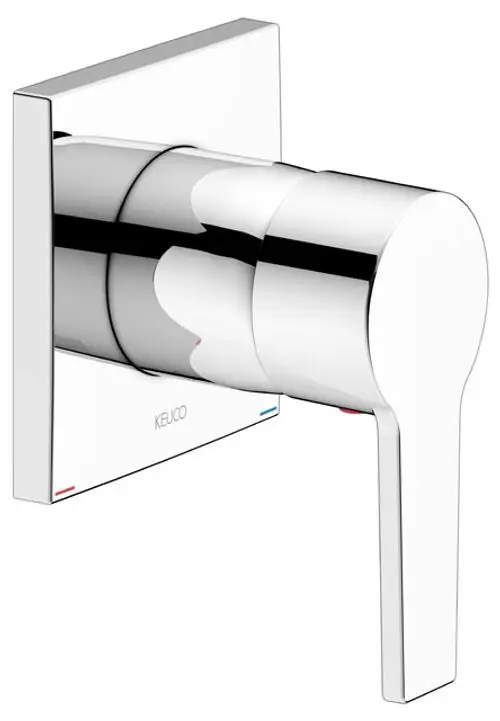 Chromfarbener Wandmontage-Armatur von Keuco mit runder Griffwelle. Die Vorrichtung zeigt Verbindungspunkte für kaltes und warmes Wasser in minimalistischem Design.
